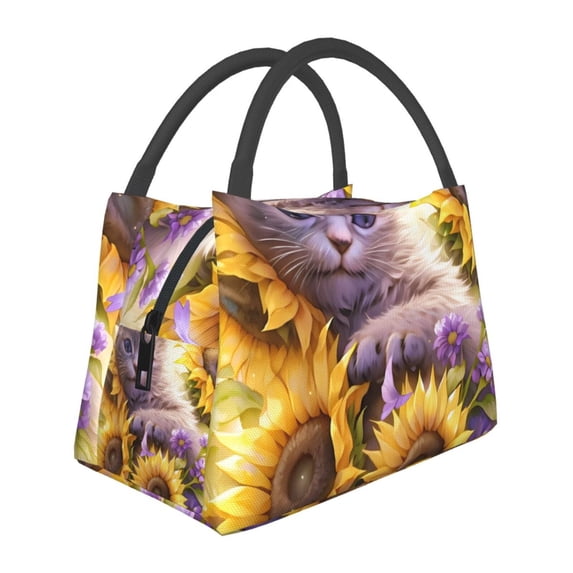 Vsdgher Daisy Sunflower Lazy Cat Print Insulated Reusable Bags with Sturdy Zipper and Handles, Foldable Totes for Hot or Cold Food Bring or Delivery