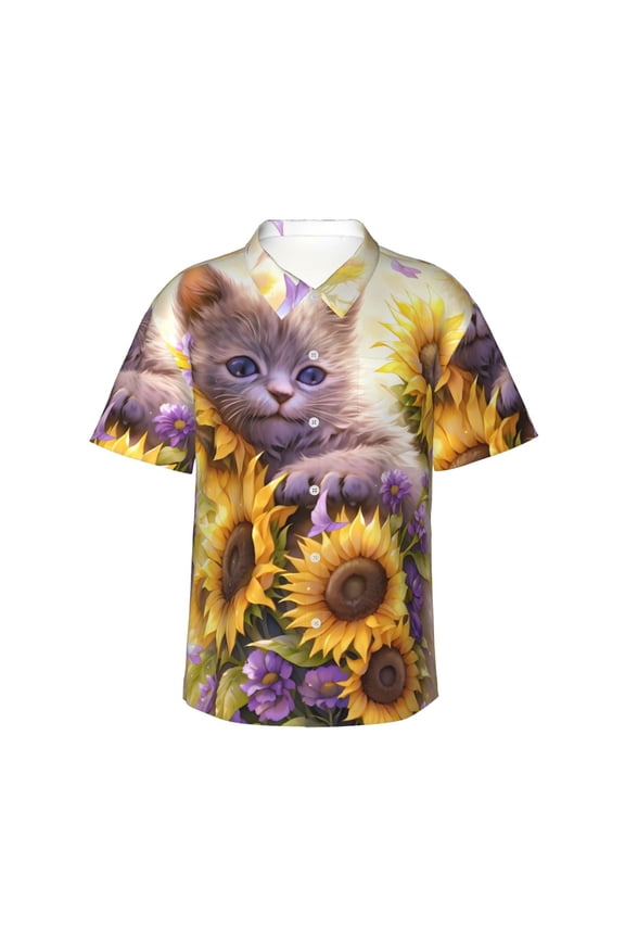 Daisy Sunflower Lazy Cat Print Men's Hawaiian Shirts Button Down Tropical Holiday Beach Shirts Vacation Clothes,Medium