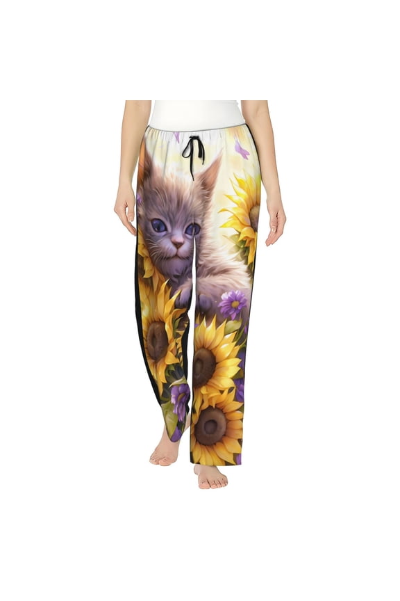 Daisy Sunflower Lazy Cat Women’s Womens Pajama Pants, Lounge Wide Leg PantsLounge Pants,Sleep Bottoms, Lounge for Women-Medium