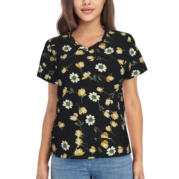 Vsdgher Daisy Women Shirts V Neck Short Sleeve Tops T-Shirt Basic Tees, S to 3XLMedium