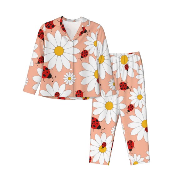 Vsdgher Daisy and Ladybug Pajamas Set Long Sleeve Sleepwear Womens Button Down Nightwear Pj Sets-Small