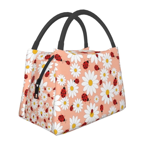 Vsdgher Daisy and Ladybug Print Insulated Reusable Bags with Sturdy Zipper and Handles, Foldable Totes for Hot or Cold Food Bring or Delivery