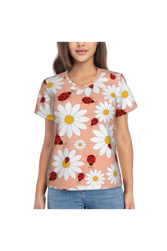 Daisy and Ladybug Women Shirts V Neck Short Sleeve Tops T-Shirt Basic Tees, S to 3XLMedium