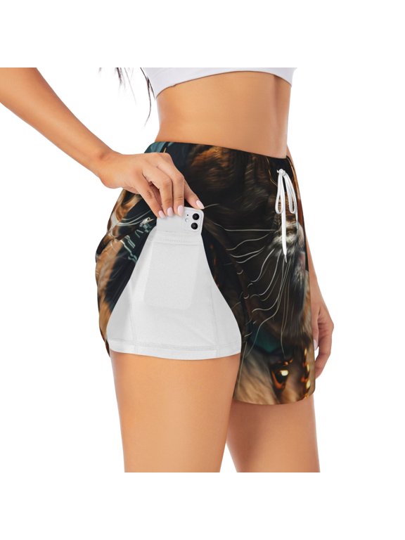 Dapper Cat in Sunglasses Athletic Shorts for Women, Women's Running Double Layer Shorts, High Waisted Yoga Shorts, Workout Athletic Shorts-Large