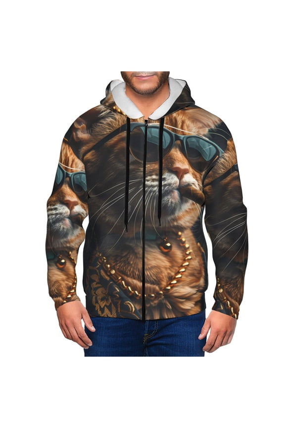 Dapper Cat in Sunglasses Mens Hoodies Zip Hoodie, Hoodies for Men, Zip-up Hooded Sweatshirt-