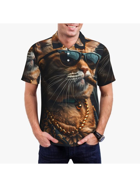 Dapper Cat in Sunglasses Polo Shirts for Men, Men's Short Sleeve Stretch Polo Shirt, Shirts for Men-XX-Large