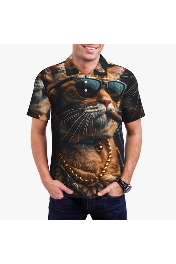 Dapper Cat in Sunglasses Polo Shirts for Men, Men's Short Sleeve Stretch Polo Shirt, Shirts for Men-XX-Large