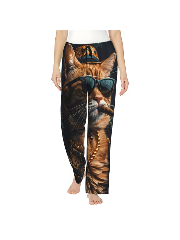Dapper Cat in Sunglasses Women’s Womens Pajama Pants, Lounge Wide Leg PantsLounge Pants,Sleep Bottoms, Lounge for Women-X-Large