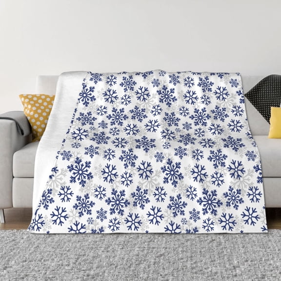 Vsdgher Dark Blue Snowflakes Pattern Fleece Throw Blanket, Horizontal Fleece Bedding Home Decor for Couch & Bed All Season Use -50"x40"