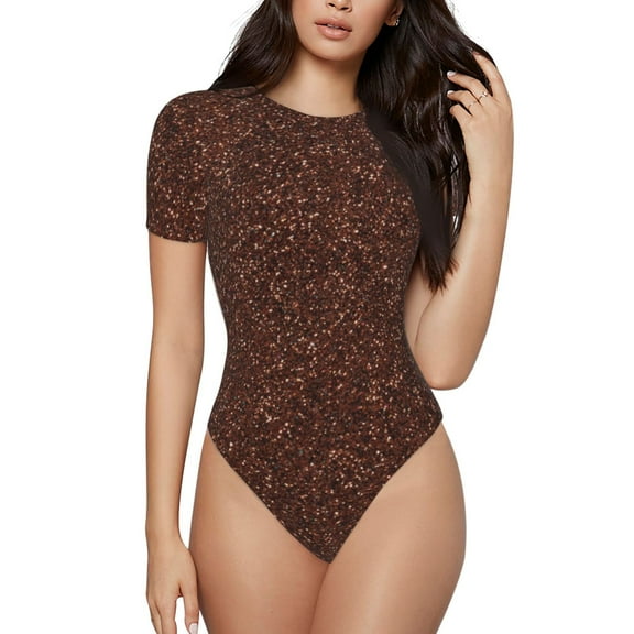 Vsdgher Dark Brown Glitter Prinr Short Sleeve Body suit for Womens, Sexy Onesie One Piece Round Neck Bodysuit Shapewear Tummy Control-Large