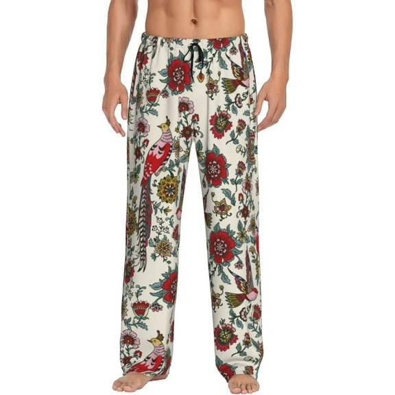 Vsdgher Dark Enchanted Flowers And Birds Print Mens Pajama Pants Sleep & Lounge Pants, PJ Bottoms With elastic waistb and Pockets