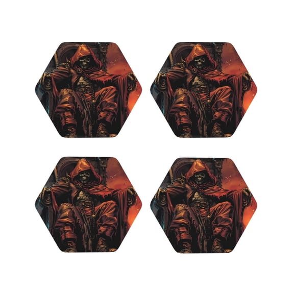 Vsdgher Dark Skull King Throne Leather Coasters for Drinks, Durable Drink Coasters 4 Set for Tabletop Protection, Luxurious Home Décor and Housewarming Gift-Hexagon