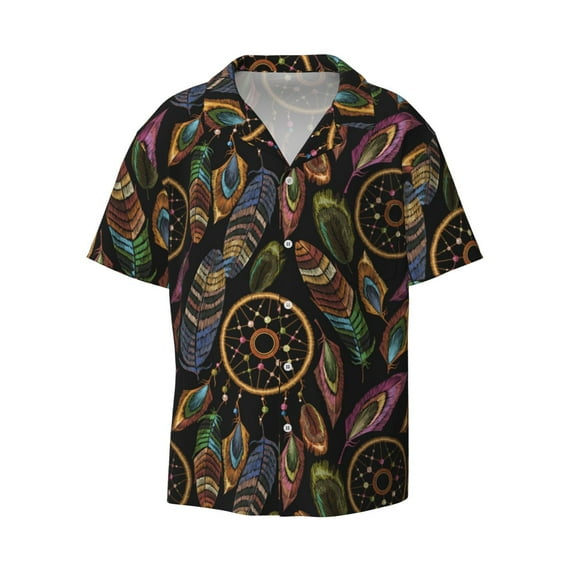 Vsdgher Decorative Feathers Print Men's Wrinkle Free Untucked Cuban Shirt Business Casual Button Down Shirts Short Sleeve Shirt