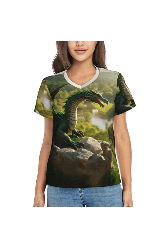 Deep Forest Stone Green Dragon Women Shirts V Neck Short Sleeve Tops T-Shirt Basic Tees, S to 3XLSmall