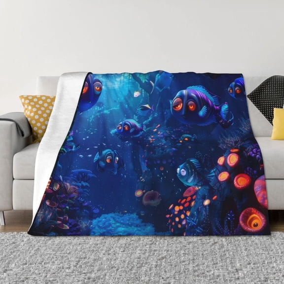 Vsdgher Deep Sea Glowing Fishes Pattern Fleece Throw Blanket, Horizontal Fleece Bedding Home Decor for Couch & Bed All Season Use -50"x40"