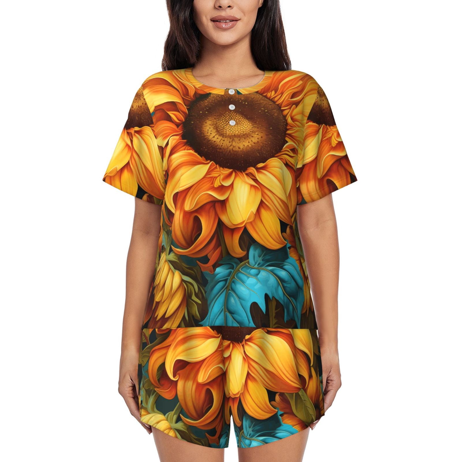 Pyjamas Colorful Vsdgher Deep Yellow Colorful Sunflower Pattern Womens Pajamas 2 Piece ...