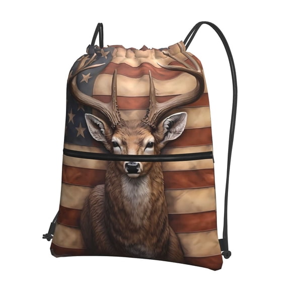 Vsdgher Deer American Flag Wall Drawstring Backpack Water Resistant String Bag Sports Sackpack Gym Sack for Men Women
