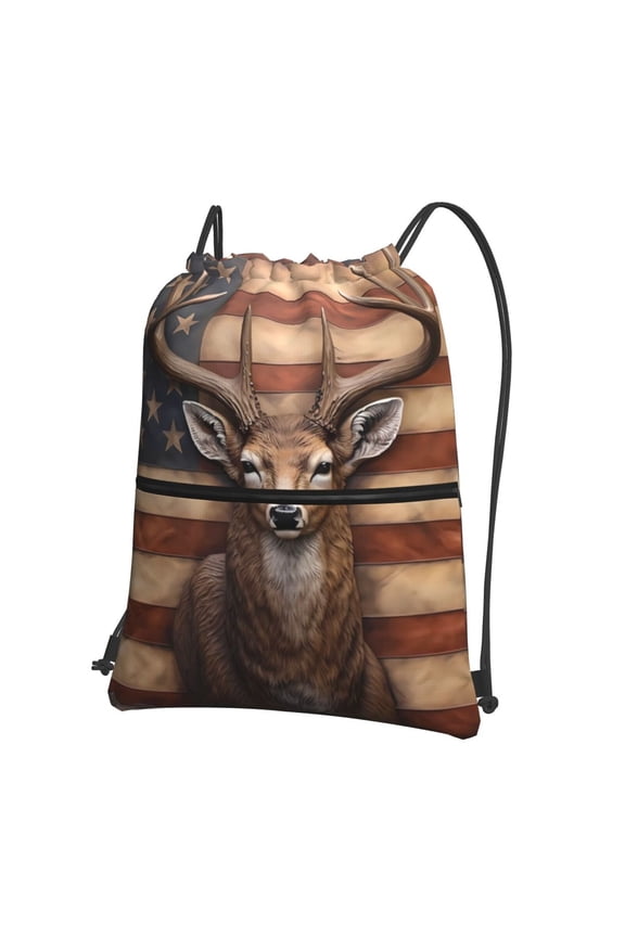 Deer American Flag Wall Drawstring Backpack Water Resistant String Bag Sports Sackpack Gym Sack for Men Women