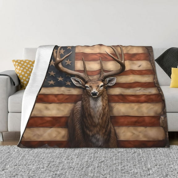 Vsdgher Deer American Flag Wall Pattern Fleece Throw Blanket, Horizontal Fleece Bedding Home Decor for Couch & Bed All Season Use -60"x50"
