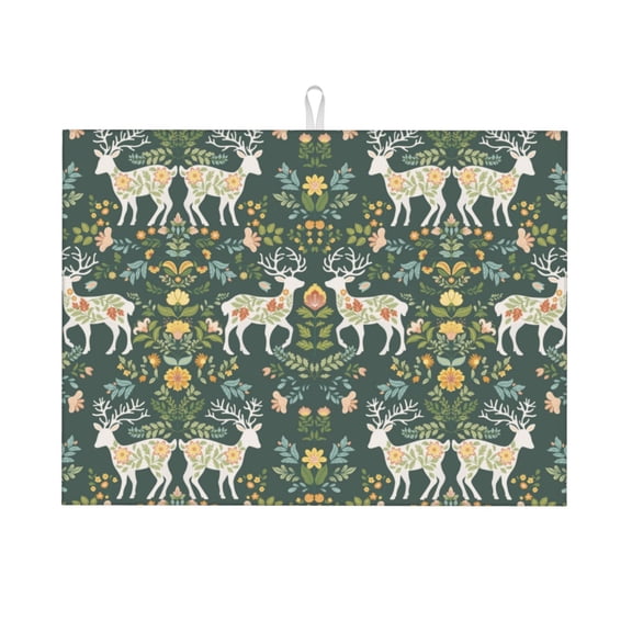 Vsdgher Deer And Flowers Dish Drying Mat Super Absorbent Drying Mat Large Dish Drying Mats for Kitchen Counter Kitchen Drying Mat 24" x 18"
