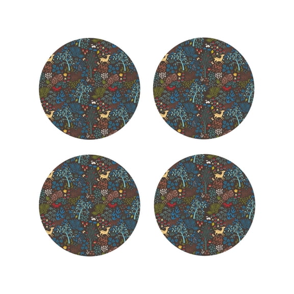 Vsdgher Deers In The Forest 1 Leather Coasters for Drinks, Durable Drink Coasters 4 Set for Tabletop Protection, Luxurious Home Décor and Housewarming Gift-Round Shape
