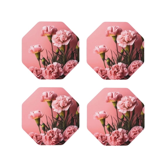 Vsdgher Delicate Pink Carnations A Leather Coasters for Drinks, Durable Drink Coasters 4 Set for Tabletop Protection, Luxurious Home Décor and Housewarming Gift-Octagon