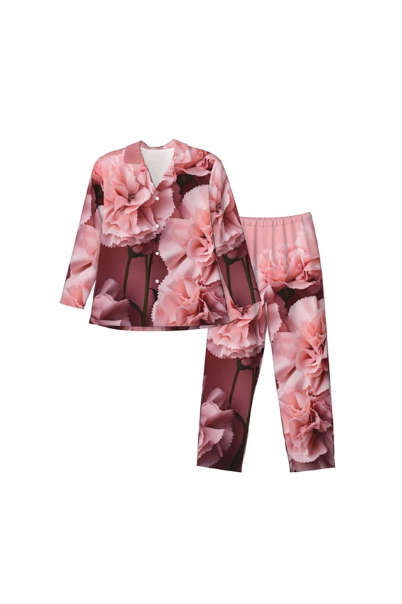 Delicate Pink Carnations Mens Pajama Set, Soft Warm Long Sleeve Sleepwear, Cozy Button-Down Pjs for Men-XX-Large