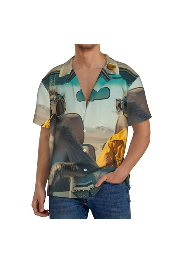 Desert Monkeys Drive Men's Cuban Shirt, Hawaiian Shirts, Business Casual Button Down Shirts, Short Sleeve Shirt-3X-Large