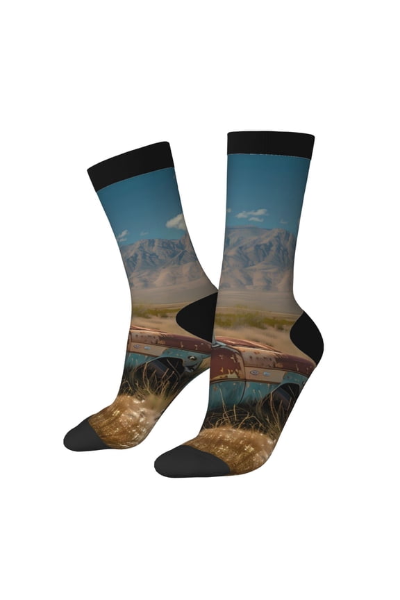 Deserted Classic Car Landscape Crew Socks for Men & Women, Breathable Casual Athletic Ankle Socks