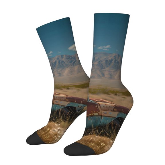 Vsdgher Deserted Classic Car Landscape Crew Socks for Men & Women, Breathable Casual Athletic Ankle Socks