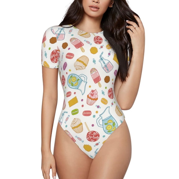 Vsdgher Dessert Prinr Short Sleeve Body suit for Womens, Sexy Onesie One Piece Round Neck Bodysuit Shapewear Tummy Control-Small