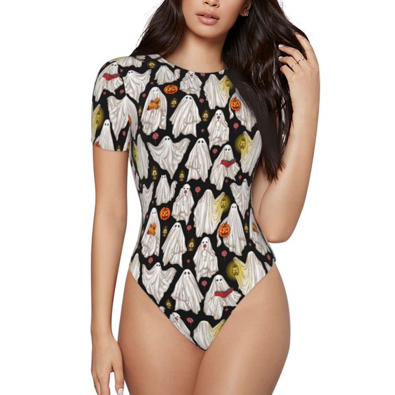 Vsdgher Different Ghosts Prinr Short Sleeve Body suit for Womens, Sexy Onesie One Piece Round Neck Bodysuit Shapewear Tummy Control-X-Large