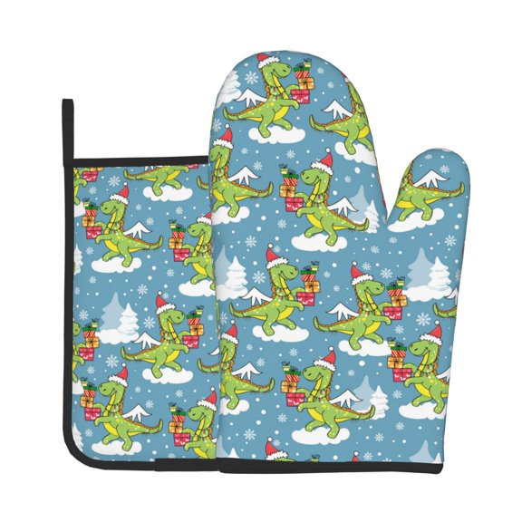Vsdgher Dino Christmas Adventure Snowy Blue Oven Mitts and Pot Holders 2 pcs Set,High Heat Resistant Kitchen Oven Glove for Baking and Cooking