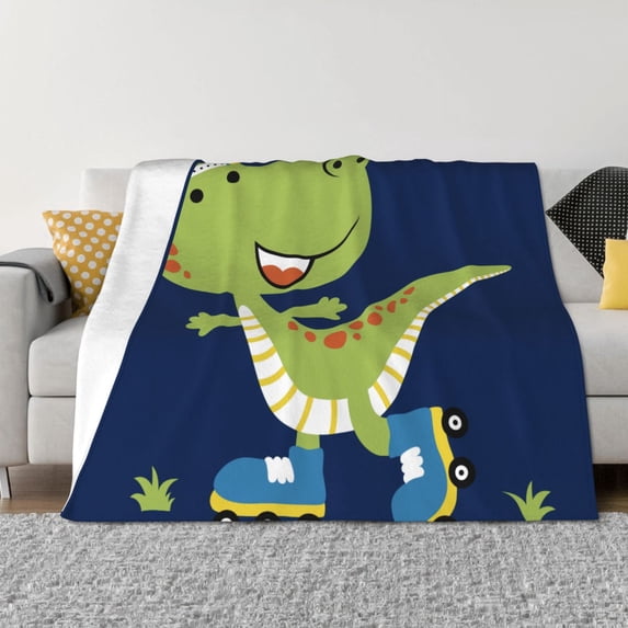 Vsdgher Dino Playing Roller Skate Pattern Fleece Throw Blanket, Horizontal Fleece Bedding Home Decor for Couch & Bed All Season Use -60"x50"