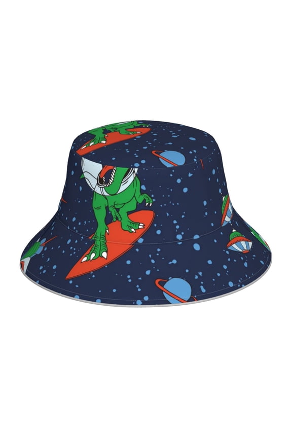 Dinosaur Astronaut Space Surfing Print Bucket Hat for Men&Women Bucket Hat Reversible Summer Double-Side-Wear Travel Gardening, Beach, Camping, Hiking, Fishing Cap