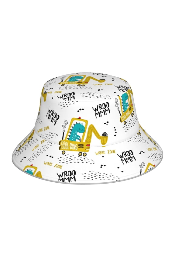 Dinosaur on Excavator Print Bucket Hat for Men&Women Bucket Hat Reversible Summer Double-Side-Wear Travel Gardening, Beach, Camping, Hiking, Fishing Cap