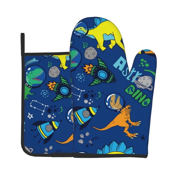 Vsdgher Dinosaur In Space Oven Mitts and Pot Holders 2 pcs Set,High Heat Resistant Kitchen Oven Glove for Baking and Cooking