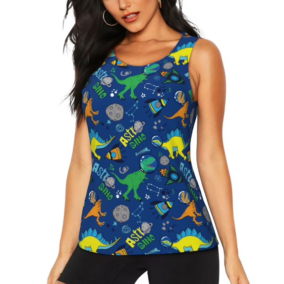Vsdgher Dinosaur In Space Print Tank Top Sports Vest Bra for Women Sports ,Performance Stretchy Quick Dry Sports Workout Running Top Vest with Removable Pads