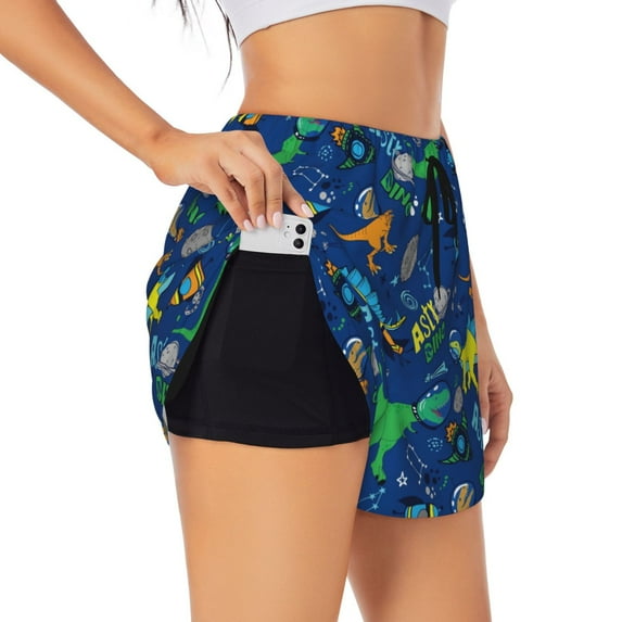 Vsdgher Dinosaur In Space Print Women's Running Double Layer Shorts High Waisted with Pockets Elastic Yoga Workout Athletic Gym Sports