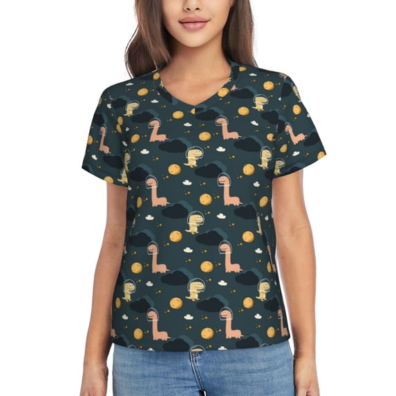 Vsdgher Dinosaur In The Space Women Shirts V Neck Short Sleeve Tops T-Shirt Basic Tees, S to 3XLXX-Large