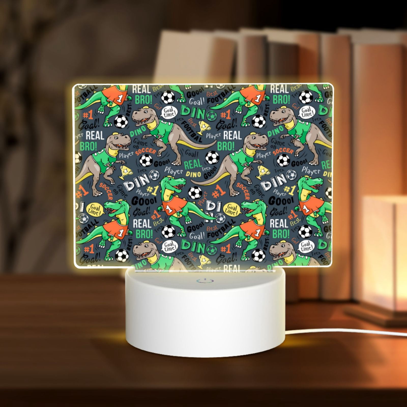 Vsdgher Dinosaur Plays Soccer Rectangular Acrylic Night Light Acrylic Sleep Night Light Friend Gifts for Birthday Gifts for Women Teens Boys Girls