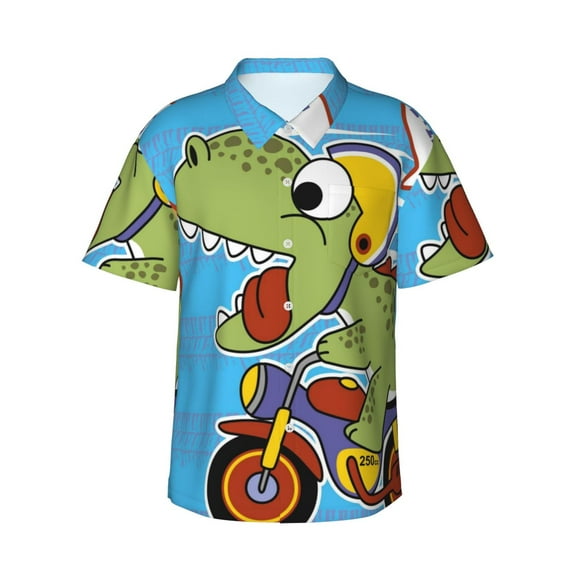 Vsdgher Dinosaur Riding a Motorcycle Print Men's Hawaiian Shirts Button Down Tropical Holiday Beach Shirts Vacation Clothes,XX-Large