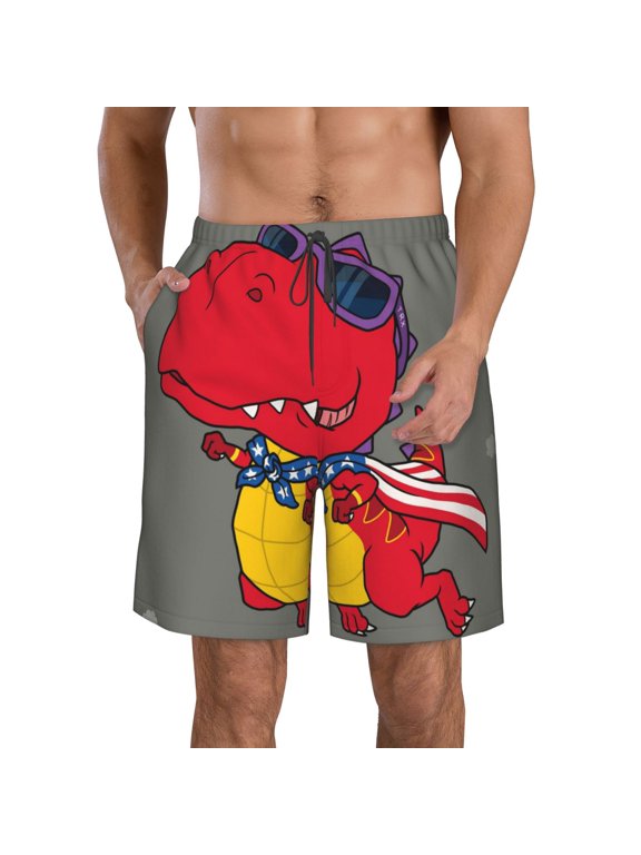 Dinosaur Super Hero Cartoon Men's Beach Shorts, Surfing shorts, Swim trunks, Quick Dry Swim Trunks for Surfing Beach Fun -Medium