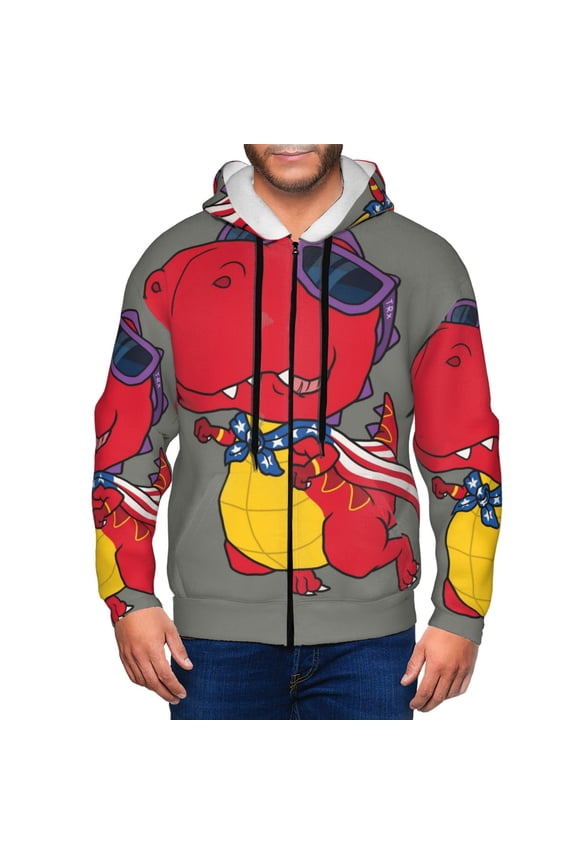 Dinosaur Super Hero Cartoon Mens Hoodies Zip Hoodie, Hoodies for Men, Zip-up Hooded Sweatshirt-3X-Large