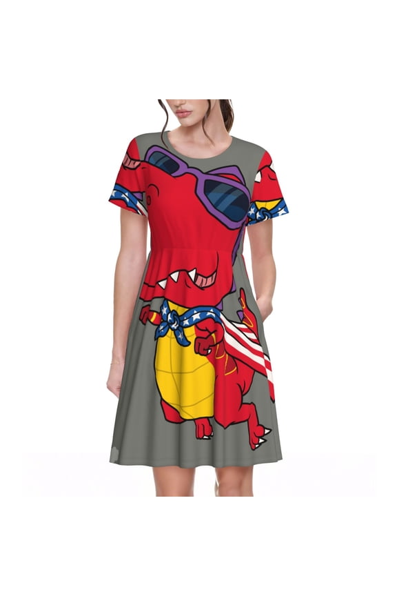 Dinosaur Super Hero Cartoon for Womens Summer 2025 Casual Midi Maxi Dresses Lightweight Short Sleeve Round Neck Beach Dress -X-Large