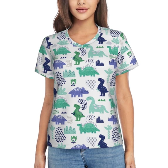 Vsdgher Dinosaur Women Shirts V Neck Short Sleeve Tops T-Shirt Basic Tees, S to 3XLXX-Large