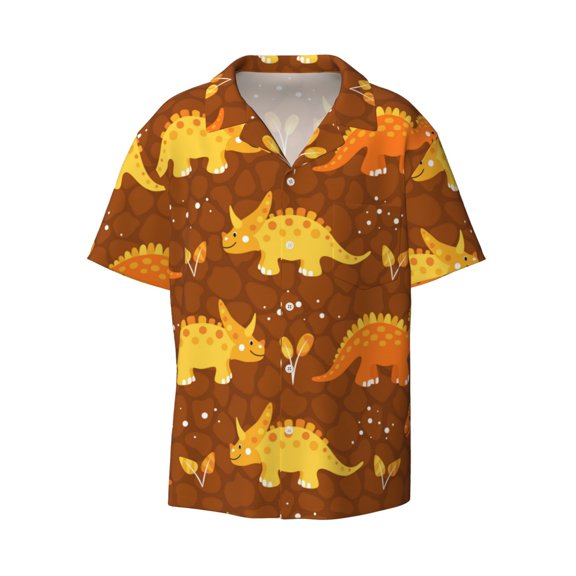 Vsdgher Dinosaurs and Leaves Print Men's Wrinkle Free Untucked Cuban Shirt Business Casual Button Down Shirts Short Sleeve Shirt