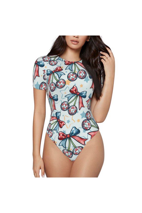 Disco Ball Cherry With Bow Prinr Short Sleeve Body suit for Womens, Sexy Onesie One Piece Round Neck Bodysuit Shapewear Tummy Control-Medium