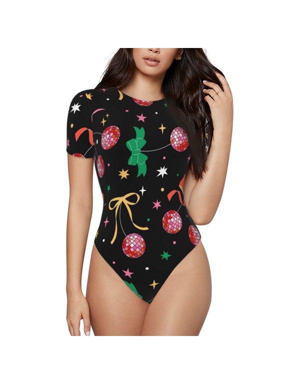 Disco Mirror Ball Prinr Short Sleeve Body suit for Womens, Sexy Onesie One Piece Round Neck Bodysuit Shapewear Tummy Control-Small