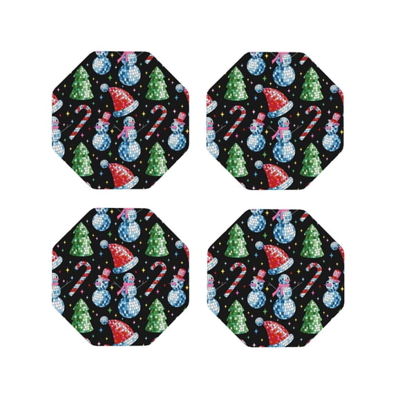 Vsdgher Disco Mirror Ball Snowman Leather Coasters for Drinks, Durable Drink Coasters 4 Set for Tabletop Protection, Luxurious Home Décor and Housewarming Gift-Octagon